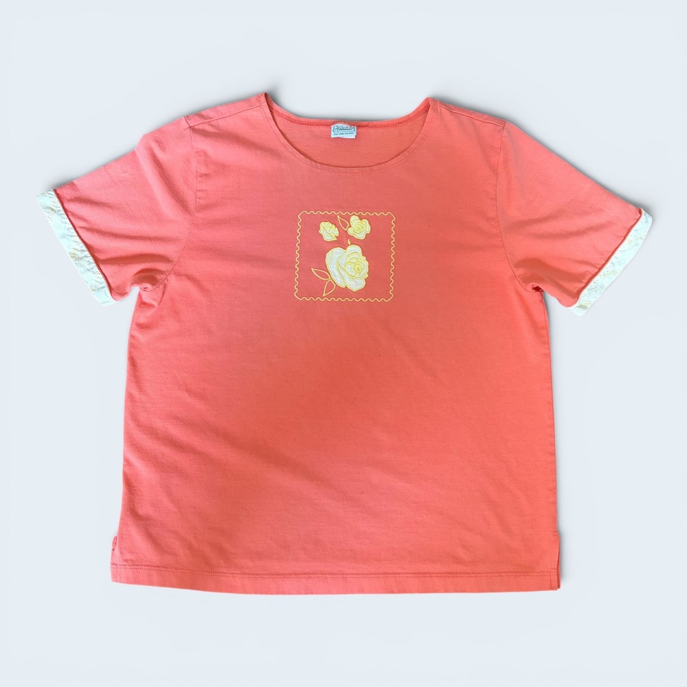 Vintage Haband Coral Pink Floral Embroidery Cotton Tee XL Cottagecore Grandma
